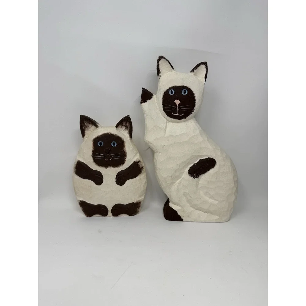 James Haddon Wooden Hand Carved Hand Painted Cats Folk Art Signed Siamese Cat